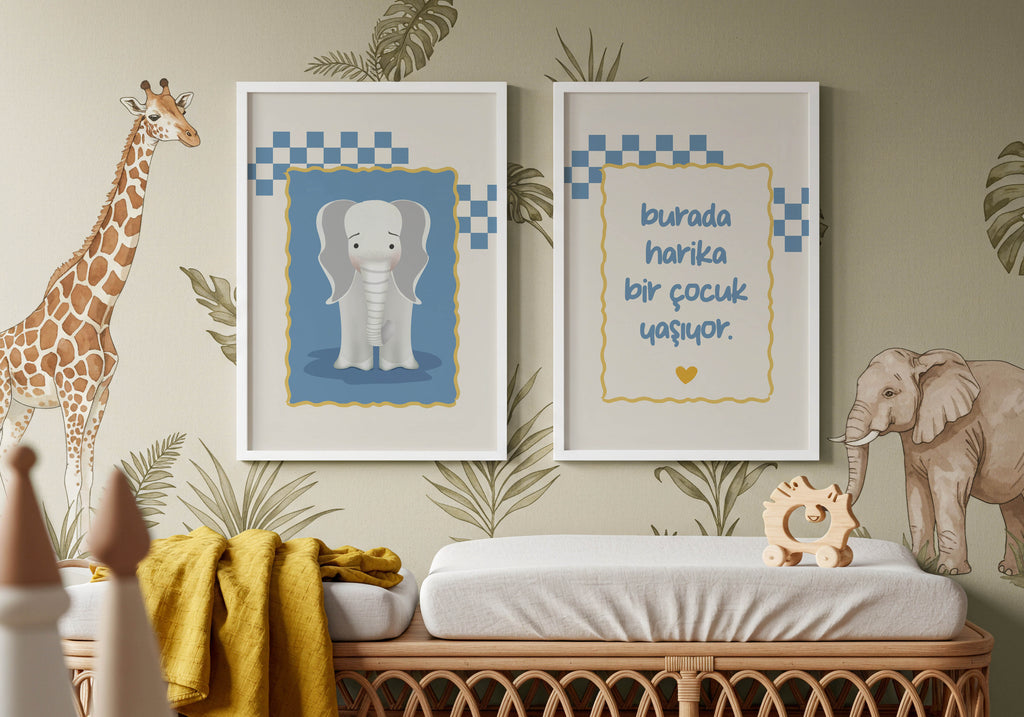 Harika Çocuk ve Utangaç Fil - Çocuk Odası Çerçeveli Poster Seti