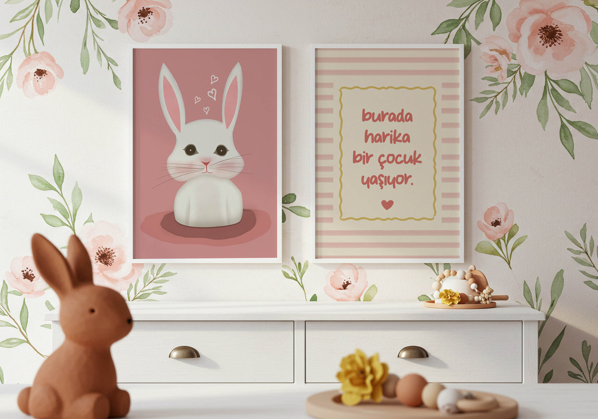Harika Çocuk ve Tavşan - Çocuk Odası Çerçeveli Poster Seti